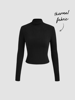 Cider - Thermal Cotton-blend Stand Collar Solid Long Sleeve Tee