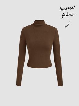 Cider - Thermal Cotton-blend Stand Collar Solid Long Sleeve Tee