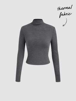 Cider - Thermal Cotton-blend Stand Collar Solid Long Sleeve Tee