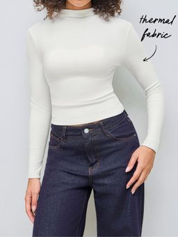 Cider - Thermal Cotton-blend Stand Collar Solid Long Sleeve Tee