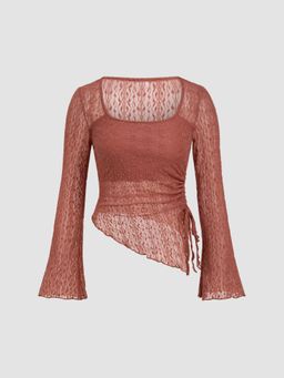 Cider - Square Neck Lace Drawstring Long Sleeve Top