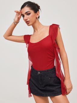 Cider - Mesh Scoop Neckline Solid Ruffle Hem Bodysuit