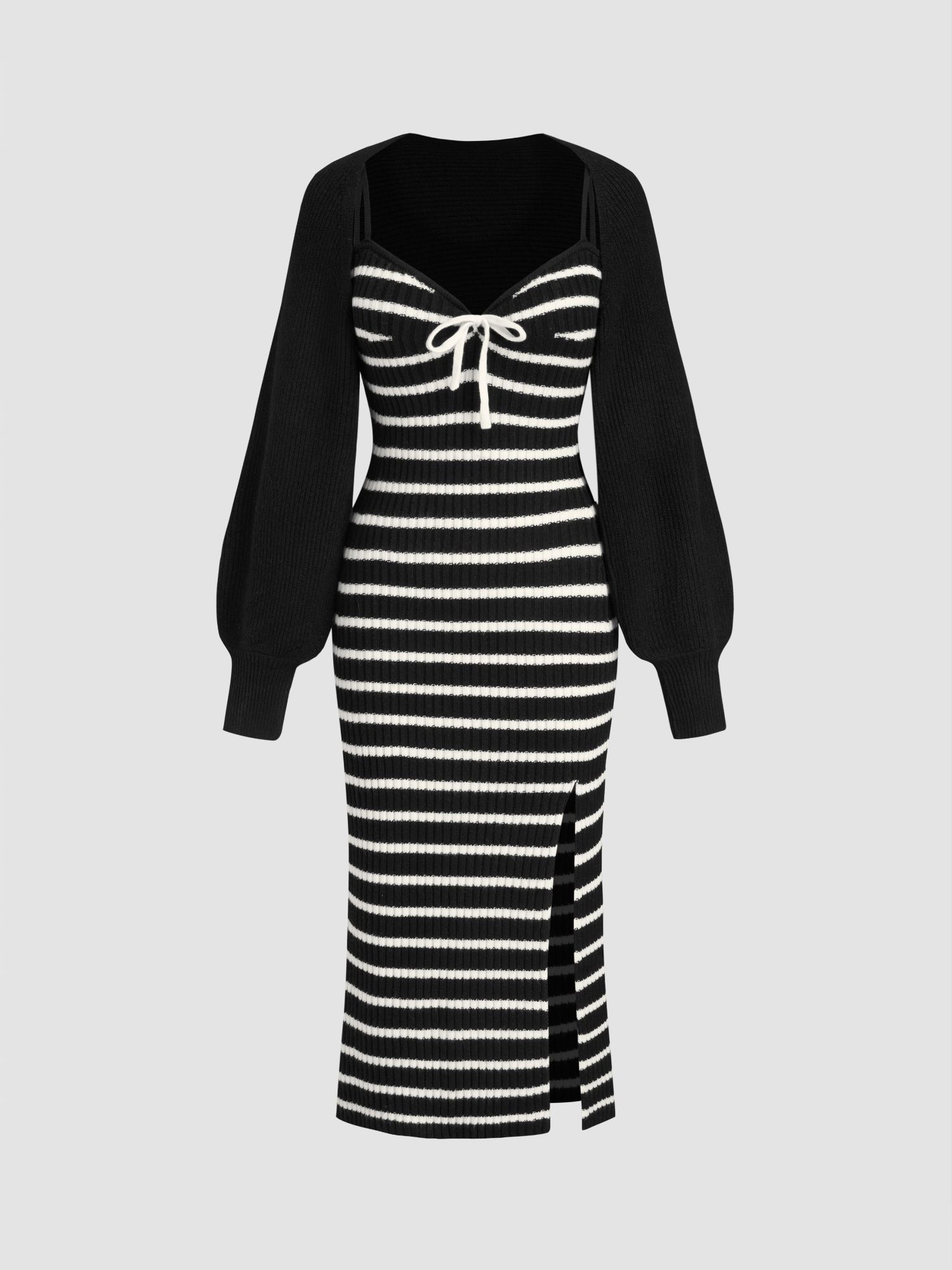 Knit Sweetheart Striped Split Maxi Dress & Long Sleeve Shrug Set