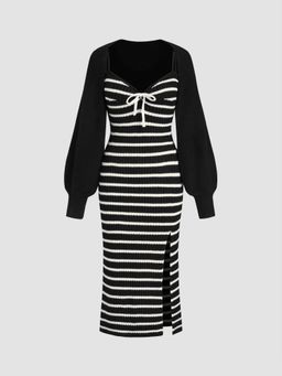 Cider - Knit Sweetheart Striped Split Maxi Dress & Long Sleeve Shrug Set