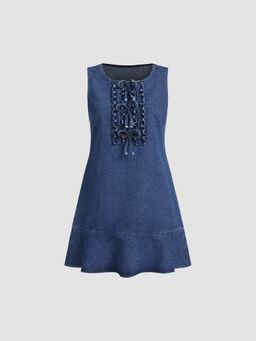 Cider - Denim U-Neckline Solid Lettuce Trim Bowknot Mini Dress