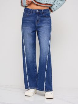 Cider - Denim Low Rise Solid Pocket Lace Trim Wide Leg Jeans