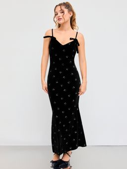 Cider - Velvet V-neck Bowknot Mermaid Maxi Dress
