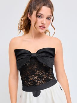 Cider - Lace Strapless Floral Bowknot Guipure Bodysuit