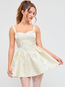 Cider - Jacquard Scoop Neckline Floral Solid Ruffle Hem Mini Dress