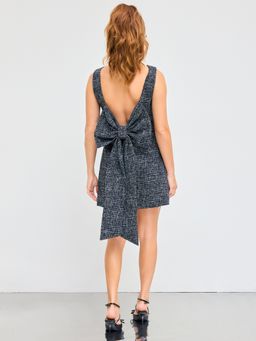 Cider - Tweed Boat Neck Solid Bowknot Mini Dress