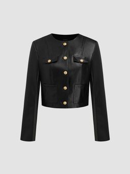 Cider - Faux Leather Round Neckline Solid Pocket Button Jacket