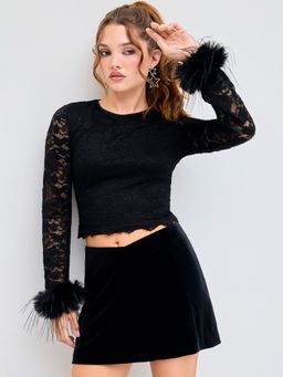 Cider - Lace Round Neckline Floral Fringe Long Sleeve Top