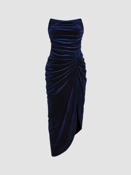 Cider - Velvet Strapless Solid Ruched Split Maxi Dress