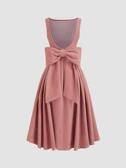 Cider - Velvet Boat Neck Bowknot Backless Midi Dress