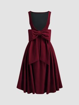 Cider - Velvet Boat Neck Bowknot Backless Midi Dress