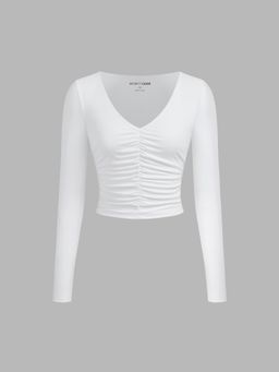 Cider - Contour Double Layered V-neck Solid Ruched Long Sleeve Tee