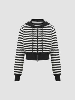 Cider - Knit Hooded Striped Drawstring Cardigan