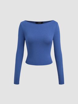 Cider - Cotton-blend Boat Neck Solid Long Sleeve Top