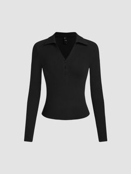 Cider - Cotton-blend V-neck Collar Button Long Sleeve Top