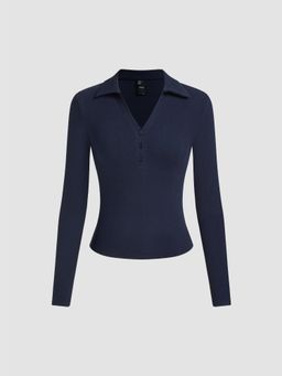 Cider - Cotton-blend V-neck Collar Button Long Sleeve Top