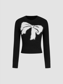 Cider - Knit Round Neckline Bowknot Graphic Sweater