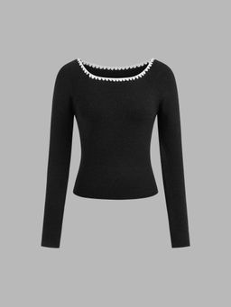 Cider - Knit Square Neck Solid Contrasting Binding Long Sleeve Top