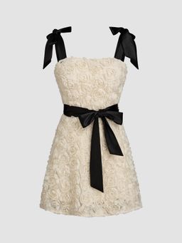 Cider - Mesh Square Neck Rosette Bowknot Mini Cami Dress