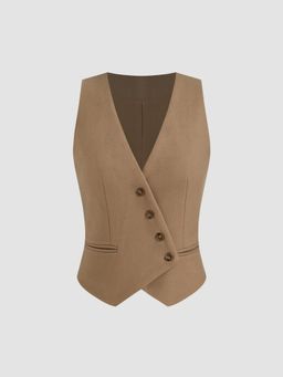 Cider - Wool-like V-neck Solid Pocket Button Blazer Vest