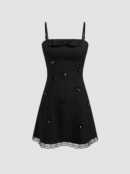 Cider - Square Neck Solid Sequin Flower Lace Trim Mini Dress