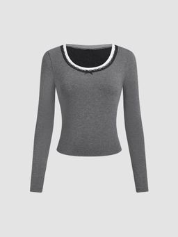 Cider - Round Neckline Contrasting Binding Lace Trim Long Sleeve Top