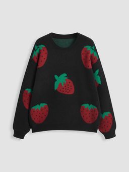 Cider - Knit Round Neckline Strawberry Long Sleeve Top