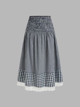 Cider - Cotton-blend Mid Rise Check Lace Trim Patched Tiered Maxi Skirt