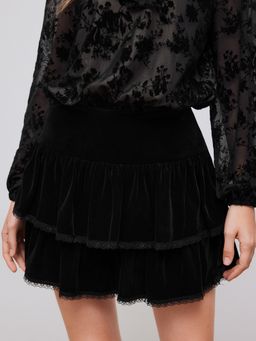 Cider - Velvet Mid Rise Lace Ruffle Layered Mini Skirt