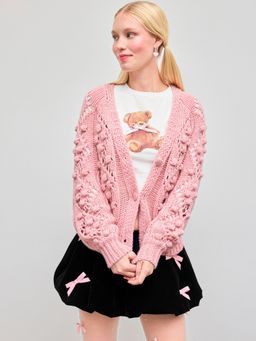 Cider - Cable Knit V-neck Hollow Out Button Oversized Cardigan