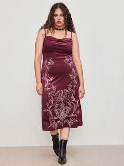 Cider - Velvet Cowl Neck Paisley Ruched Midi Dress Curve & Plus