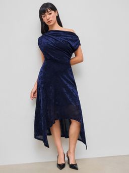 Cider - Velvet Asymmetrical Neck Solid Ruched Ruffle Maxi Dress