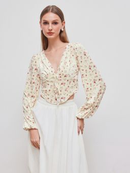 Cider - Velvet V-neck Floral Bowknot Long Sleeve Top