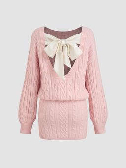 Cider - Cable Knit Boat Neck Bowknot Mini Dress