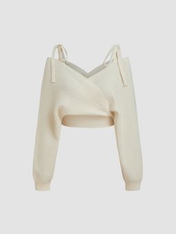 Cider - Knit V-neck Bow Wrap Oversized Crop Sweater