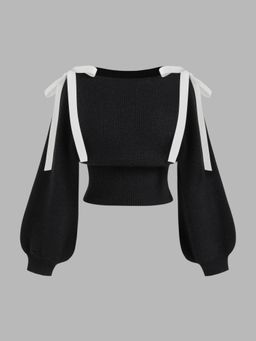 Cider - Knit Boat Neck Bowknot Crop Oversized Sweater