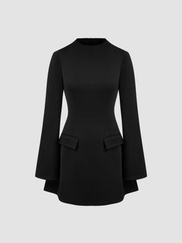 Cider - High Neck Solid Long Sleeve Mini Dress