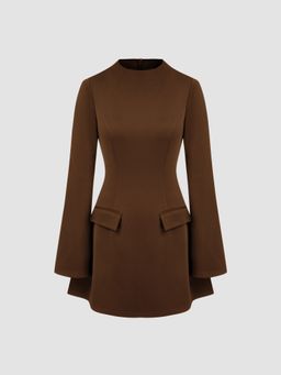 Cider - High Neck Solid Long Sleeve Mini Dress