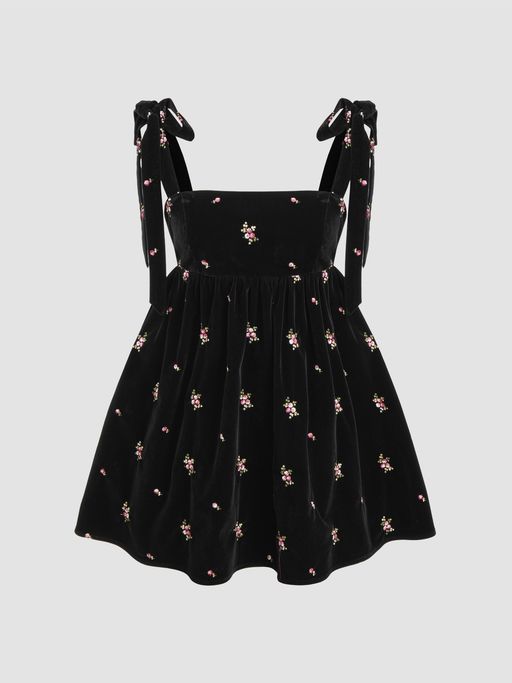 Buy Cider Velvet Square Neck Floral Knotted Ruffle Mini Dress (XS) Online Buy Cider Velvet Square Neck Floral Knotted Ruffle Mini Dress (XS) Online