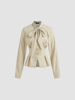 Cider - High Neck Cinched Waist Knotted Long Sleeve Blouse
