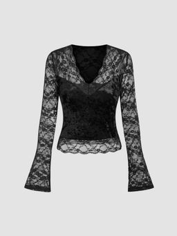 Cider - Velvet V-neck Lace Long Sleeve Top