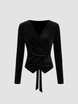 Cider - Velvet V-neck Solid Knotted Wrap Long Sleeve Top