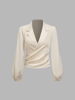 Cider - Satin Collar Solid Ruched Long Sleeve Blouse