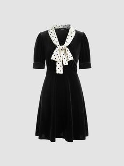 Cider - Velvet V-neck Polka Dot Knotted Mini Dress