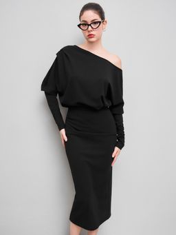 Cider - Asymmetrical Neck Ruched Midi Dress