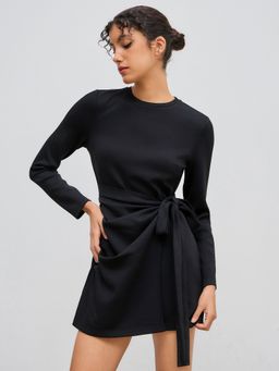 Cider - Round Neckline Knotted Wrap Mini Dress